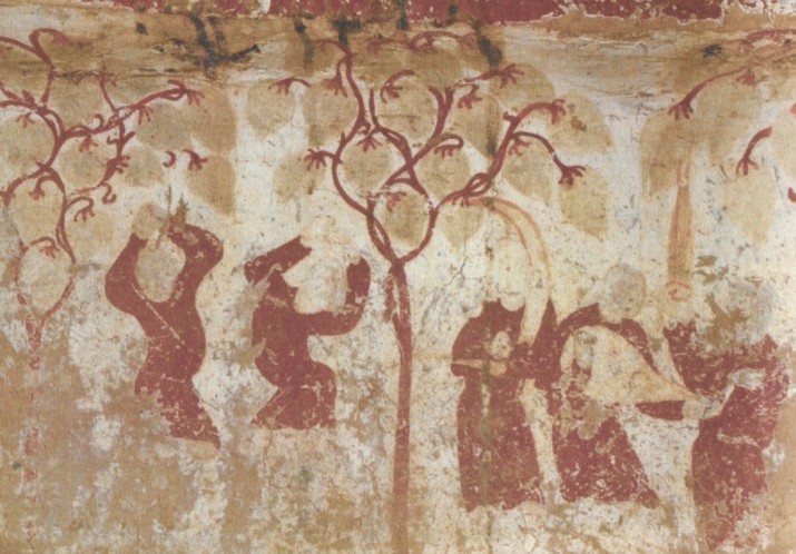 “The Brown Family,” dancers and musicians, Mogao Cave 297, Dunhuang. Northern Zhou dynasty (557–80). Image courtesy of Wang Kefen. After <i>The Complete Collection of Dunhuang Grottoes</i>, Vol. 17, <i>Paintings of Dance</i>, The Commercial Press, Hong Kong, 2001, p. 59