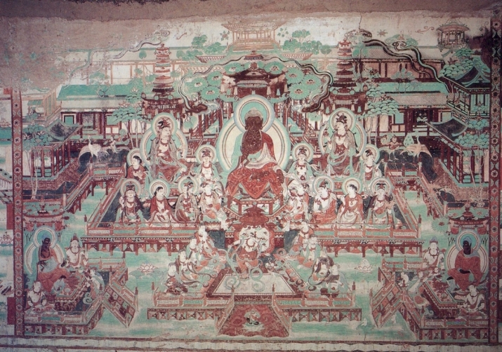 Mural, Cave 25, Yulin, showing standardized placement of Buddha, courts, stages, and artists. Tang dynasty, 781–847. Image courtesy of the Dunhuang Academy. From Core of Culture