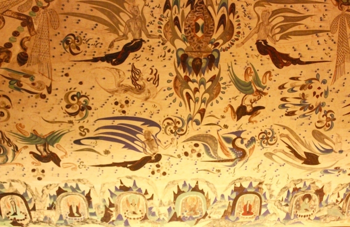 <i>Feitian</i> (“sky spirits”) on a ceiling wall along with mythological creatures and archaic deities, Mogao Cave 285, Dunhuang. Western Wei dynasty (535–57), mural painting. Image courtesy of the Dunhuang Academy. From Core of Culture