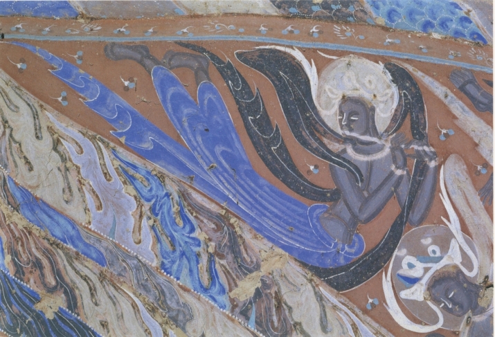<i>Feitian</i> playing a flute, Mogao Cave 249, Dunhuang. Western Wei dynasty (535–57), mural painting. Image courtesy of Wang Kefen. After <i>The Complete Collection of Dunhuang Grottoes</i>, Vol. 17, <i>Paintings of Dance</i>, The Commercial Press, Hong Kong, 2001, p. 15