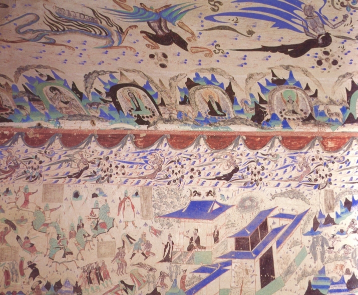 Story of the 500 bandits who converted to Buddhism, Mogao Cave 285, Dunhuang, with large <i>feitian</i> and archaic deities at the top, monks meditating in caves in the mountains, smaller <i>feitian</i> flying above the spiritual event, and the story itself at the bottom. Western Wei dynasty (535–57), mural painting. Image courtesy of the Dunhuang Academy. From Core of Culture