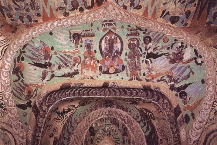 Lintel of a sculptural niche on the south face of square central pillar, Mogao Cave 7, Dunhuang, showing Buddha flanked by two kings, with <i>feitian</i> flying, holding offerings, and playing music. Tang dynasty, 628, mural painting. Image courtesy of the Dunhuang Research Academy. From Core of Culture