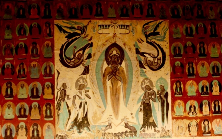 Buddha and bodhisattvas, with <i>feitian</i> flying in the sky above, set within “thousand Buddhas” design, Mogao Cave 249, Dunhuang. Western Wei dynasty (535–57), mural painting. Photo by Clarkson Lee. Used with permission
