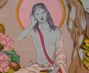 Modern representation of Milarepa, always with a hand cupped over his ear. From ganachakra.com
