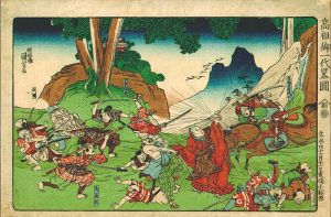 Nichiren using the power of his prayer beads to foil an attack by Tojo no Sayemon Komatsubara in 1264. Woodblock print, 1835, by Utagawa Kuniyoshi