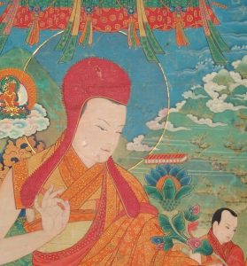 Portrait of Sakya Pandita, Khyenri school. Pigment on cotton, 50 x 80 centimeters. Gongkar Monastery. Photo by Penba Wangdu
