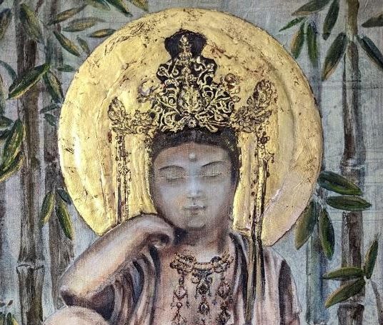 Painting on ahimsa silk by Tilly Campbell-Allen, with 24-karat gold. Based on a gilded statue of Nyoirin Cannon of the Japanese Edo period