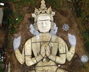 Aerial view of the statue of Avalokiteshvara in Nurselenie, Buryatia. From arigus.tv