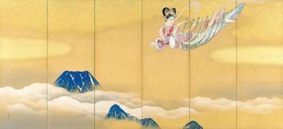 Hagoromo by Kimura Busan (1876–1942). The angel flies above Mt. Fuji before she flies to the shores at its base. Image courtesy of Shizuoka Prefectural Museum of Art