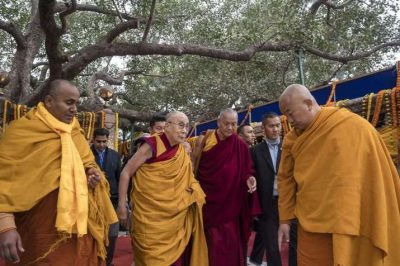 His Holiness the Dalai Lama arrives at Mahabodhi Temple in Bodh Gaya on Tuesday. From dalailama.com