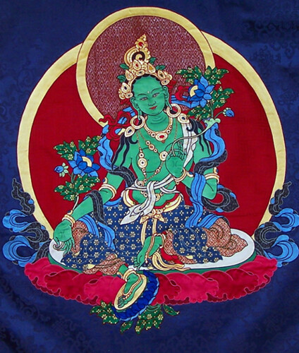 Green Tara by Leslie Rinchen-Wongmo, 2008. Pieced-silk thangka, silk, satin, and brocade, gold and pearl, 53 x 35 inches. Image courtesy of the artist