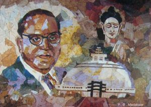 Painting by P. B. Madakwar, a young Buddhist, showing Dr. Ambedkar, the Buddha, and Deekshabhoomi (the place where the first mass conversion took place). Image courtesy of author