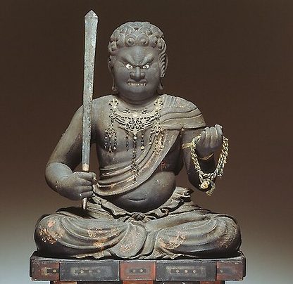 Fudō Myōō, 12th–14th century. Wood with polychromy and gilt-bronze accessories. From artic.edu