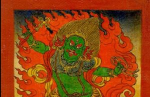 Green-skinned Amritakundali with snake motifs around his wrists and ankles. From himalayanart.org