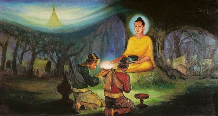 A painting depicting Trapusa and Bhallika receiving strands of hair from the Buddha. From wikipedia.com
