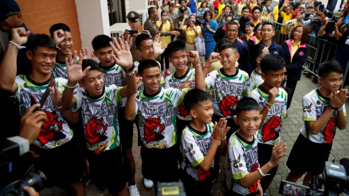 The 12 members of the football team and their coach arrive for a news conference in Chiang Rai, northern Thailand. From dnaindia.com
