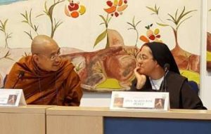 From left to right: Ven. Dr Khammai Dhammasami, Sister María José Pérez, and Dr Francesc Torradeflot Freixes, director of the UNESCO Association for Interreligious Dialogue, during the First Encounter of Theravada Buddhism and Teresian Mysticism in July 2017. Image courtesy of the author