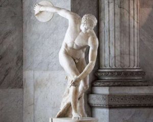 Discobolus, the disc thrower. Roman marble copy of a lost Greek bronze original by the sculptor Myron. Image courtesy the Vatican Museum