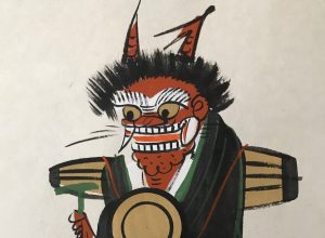 Praying Demon (Jap: Oni no Nembutsu), Otsu-e folk painting by Takahashi Shozan. Ink and color on paper, late 20th century. Image courtesy of the author