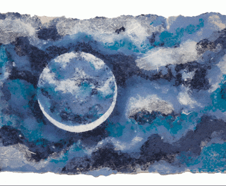 Misty Blue Moon by Sarah Brayer, 2017. Luminescent paperwork, 36x74 inches. Image courtesy of the artist