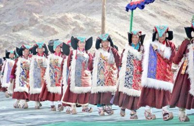 Ladakhi women in traditional attire perform the Shondol dance. From kashmirreader.com