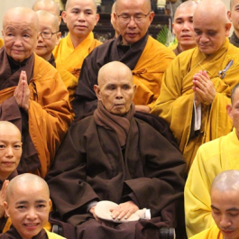Thich Nhat Hanh with Buddhist monastics at Tu Hieu Pagoda in Hue, central Vietnam, February 2019. Photo by Vo Thanh. From vnexpress.net