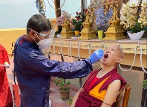 Lama Zopa Rinpoche receives a COVID-19 test at Kopan Monastery on 27 April. Photo by Ven. Roger Kunsang