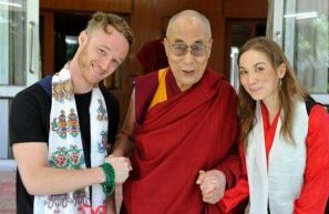 The Dalai Lama with Abraham Kunin, left, and Junelle Kunin, right. From thenational.ae