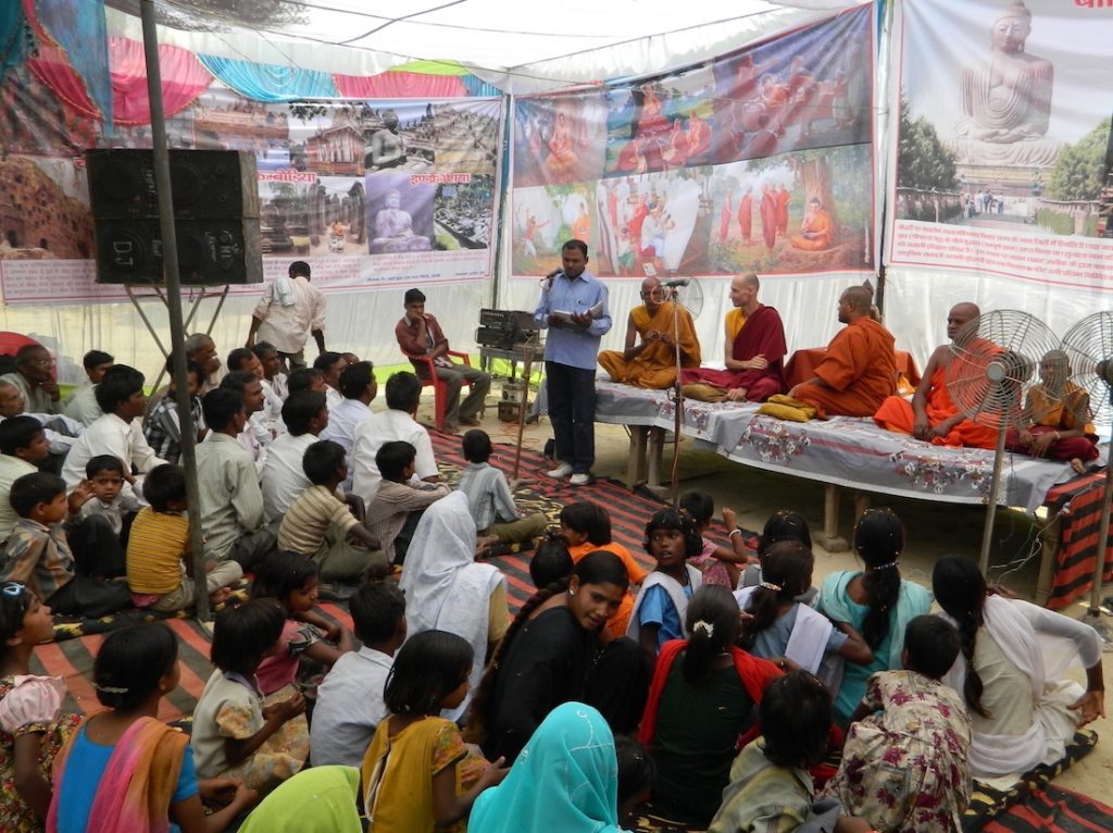Bhikkhu Upanand and Bhikkhu Sumati Sashana giving a Dhamma talk in Badaun District, Uttar Pradesh. Progam organized by the YBS. From Bhikkhu Upanand