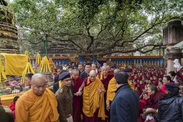His Holiness departs Mahabodhi Temple after completing his pilgrimage. From dalailama.com