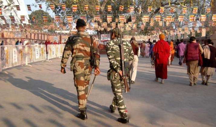 Security personnel patrol the Mahabodhi Temple complex. Photo by Ashok Sinha. From indianexpress.com