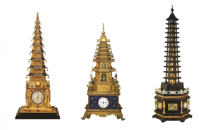 Clocks from Qing imperial collections. From left to right: 18th century, London; Qianlong period, Canton; Qianlong period, Beijing Imperial workshop. Pagani, 2001
