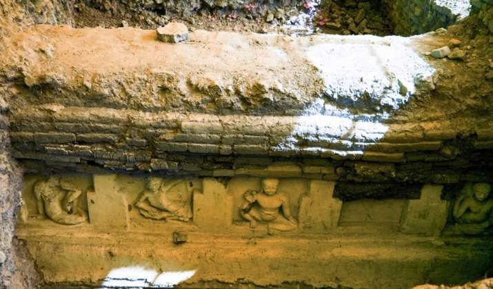 Brick stupa with Buddhist carvings discovered in 2012 at Moghalmari. From archaeologynewsnetwork.blogspot.hk
