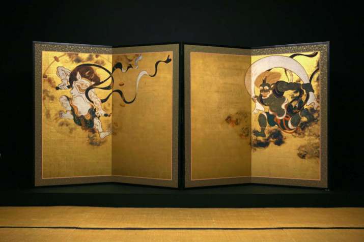 Fujin and Raijin in <i>Wind God and Thunder God</i> by Tawaraya Sotatsu. From kenninji.jp