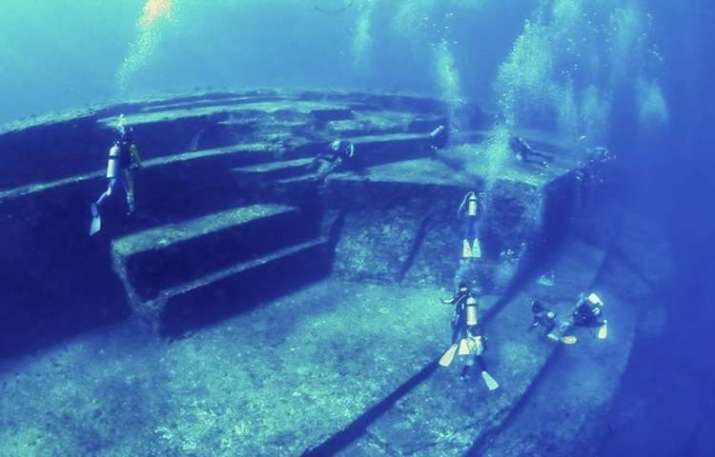 The mysterious Yonaguni structure submerged in the waters off Japan. From jpninfo.com