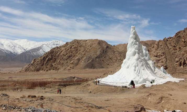 The ice chorten stands inside one of Sonam Wangchuk’s water-conserving artificial glaciers. Photo by Sonam Wangchuk. From theguardian.com
