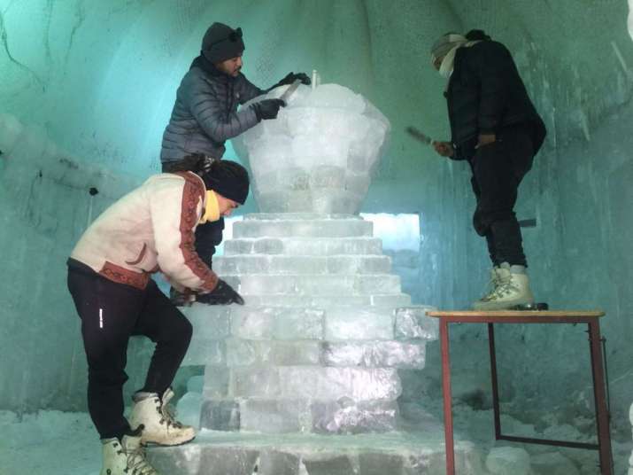 The three artists working on the ice chorten. Photo by Tsering Gurmet. From thebetterindia.com