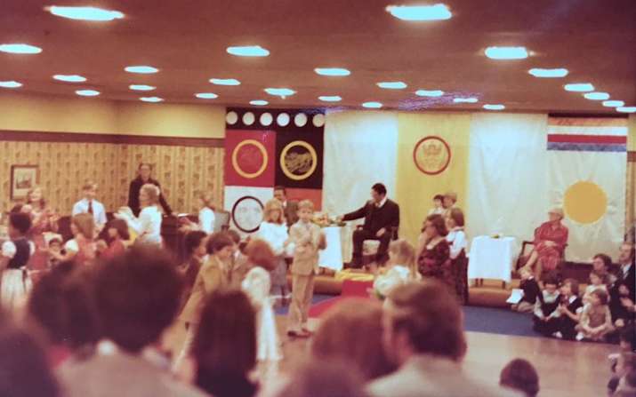 Andrea Winn with her brother David (both in the middle of the image) at a children’s event with Chögyam Trungpa Rinpoche. Image courtesy of Andrea Winn
