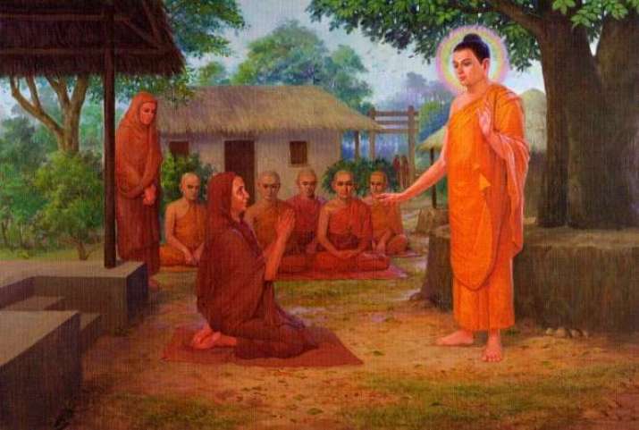 Mahaprajapati begging Buddha to let women enter the order. From nalanda.org.my