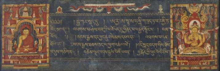 A leaf from a <i>Prajnaparamita</i> (<i>Perfection of Wisdom</i>) manuscript, 13th century. The text, written in Tibetan, is a translation of a Sanskrit text that was produced in India as much as a thousand years earlier. From wikimedia.org