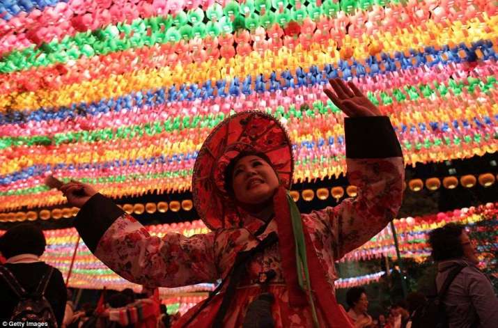 The Buddha’s Birthday is celebrated with brightly colored lotus lanterns and lantern parades in South Korea. From dailymail.co.uk