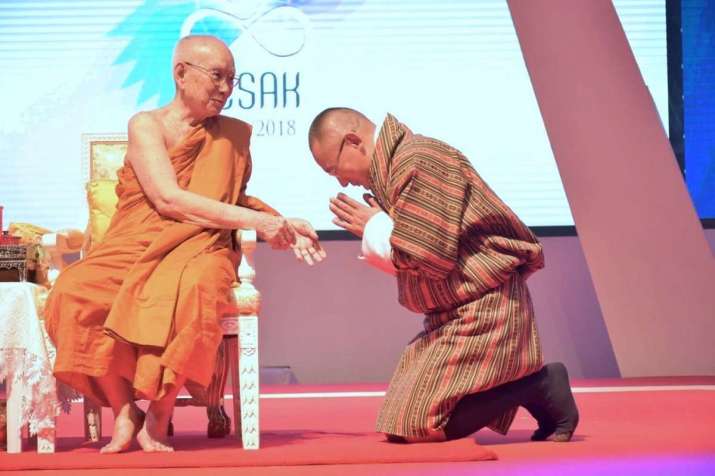 Tshering Tobgay receive blessings from His Holiness Somdet Phra Aruyavangsagatayana, the supreme patriarch of Thailand. From Tshering Tobgay Twitter