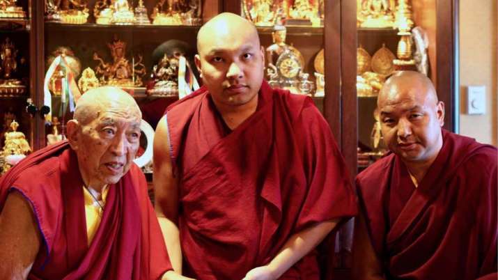 Left to right, Thrangu Rinpoche, His Holiness the Karmapa, and Dungsey Lama Pema. Image courtesy of the author