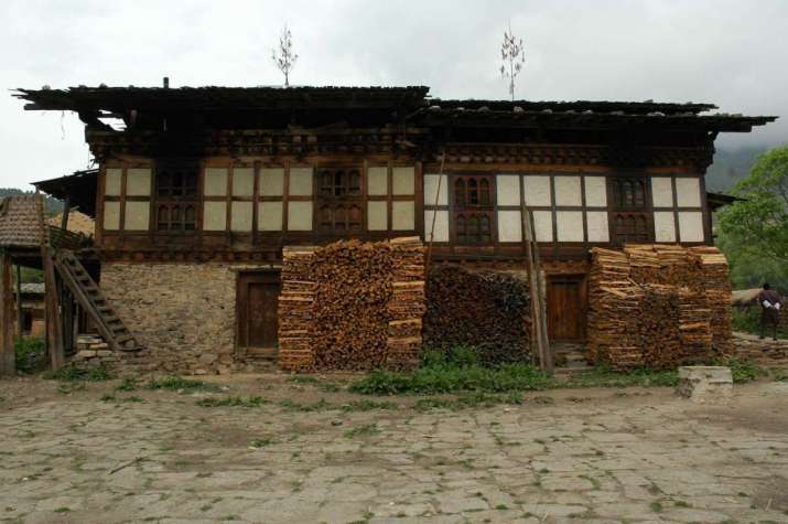The small <i>lhakhang</i> and dance courtyard in a village near Ura, as described by Neten Dorje, where magnificent murals of Chana Dorje and dancing deities appeared, 2006. Photo by Gerard Houghton. From Core of Culture