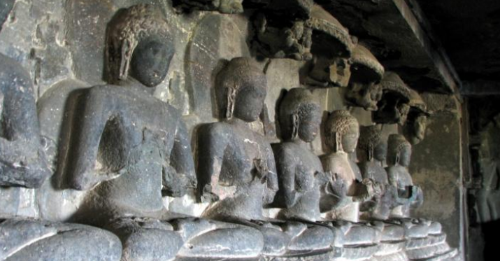 Buddha statues in one of the Buddhist caves in Ellora. From myupscprelims.blogspot.com