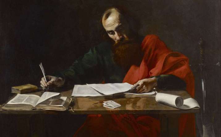 Saint Paul writing his epistles, attributed to Valentin de Boulogne. From wikimediacommons.org