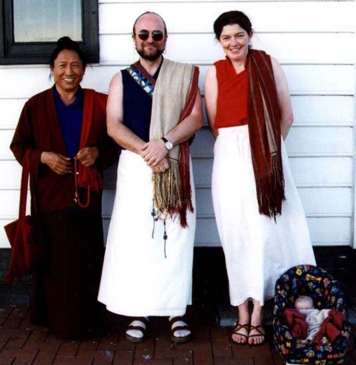 Khandro Déchen with our friend, Lama Tharchin Rinpoche (d. 2013), and Ngak’chang Rinpoche and 4 week old son, Robert. Image courtesy of the author
