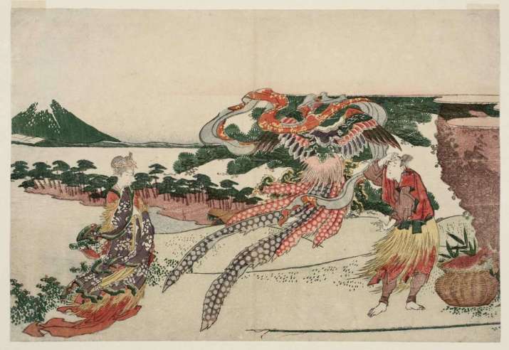Hagoromo Noh Play by Hokusai, 1760-1849, Edo period. The fisherman on Miho no Matsubara Beach, on the right, holds the extravagant robe belonging to the angel, standing on the left
