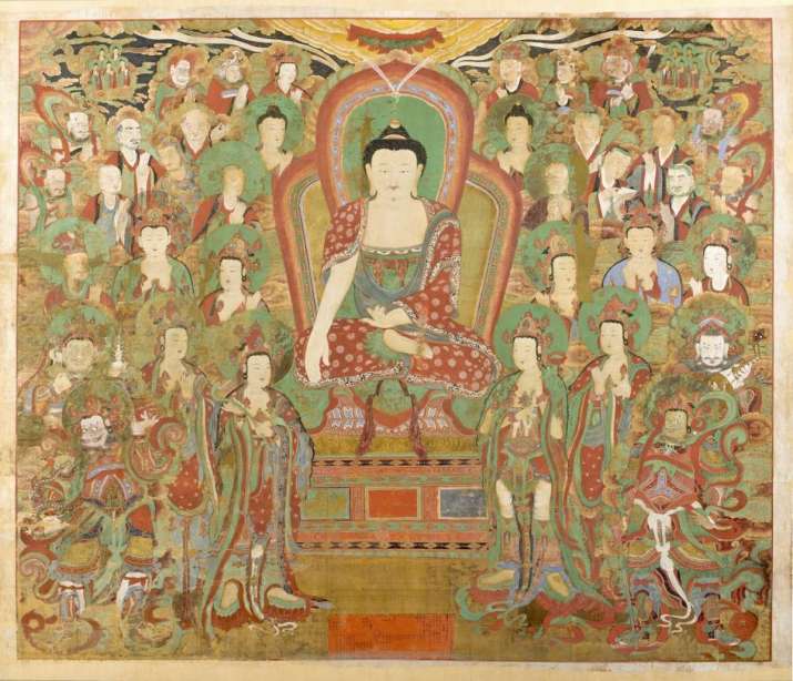 Shakyamuni Buddha speaking to the assembly on Vulture Peak. Ink and color on silk, 1755. Korea, Joseon dynasty (1392–1910). From wikipedia.org