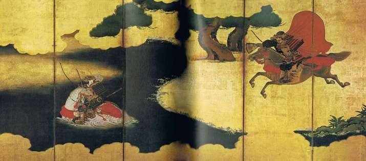 Kumagae pursuing Atsumori, folding screen stored at Eisei-Bunko Museum. from wikimedia.org